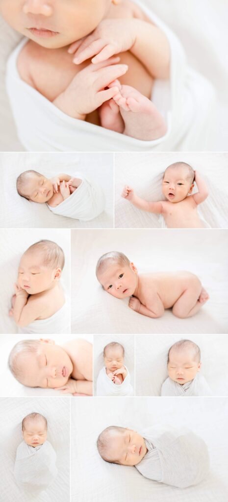 Newborn baby with white wrap and blanket.