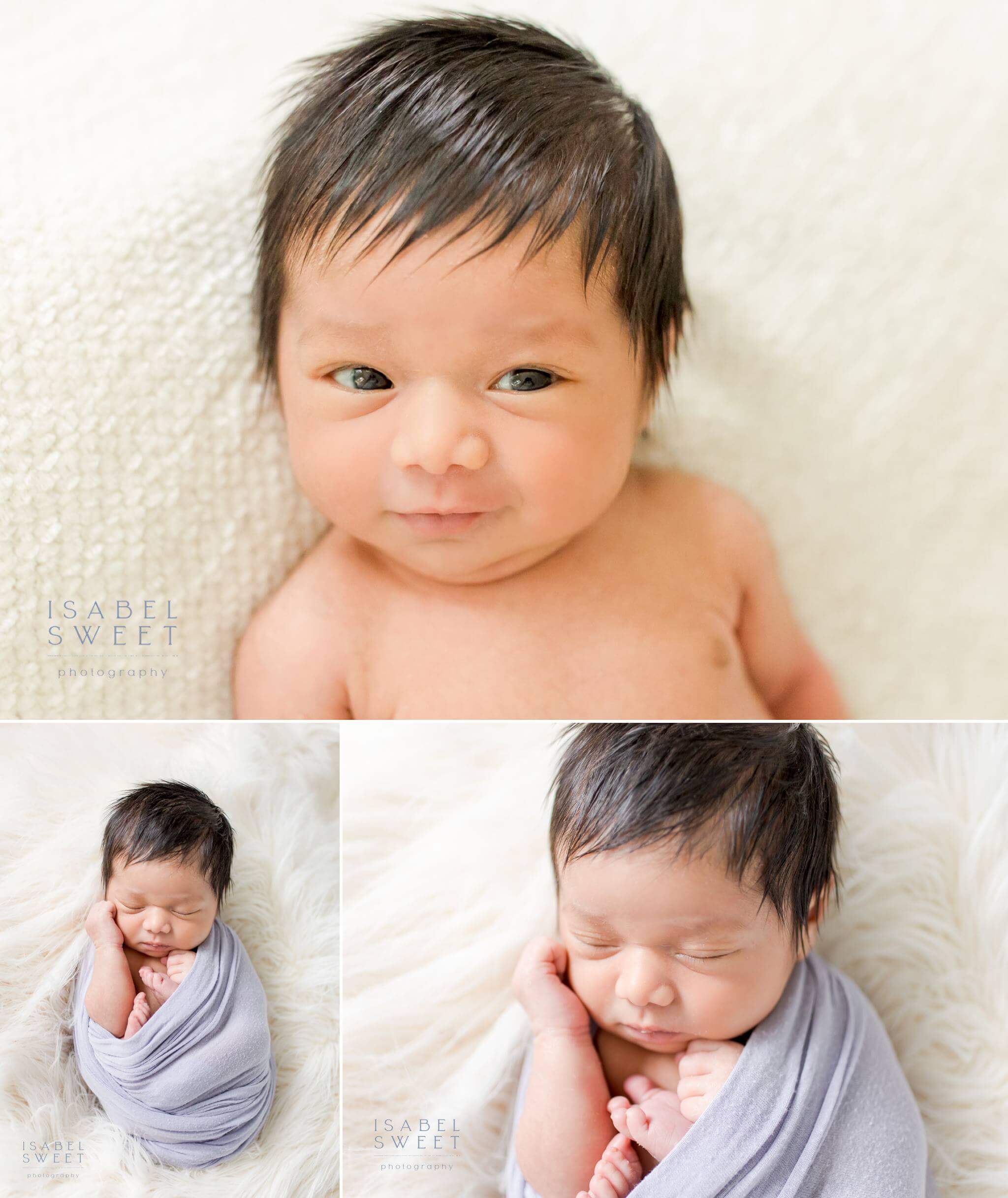 Asian newborn girl smiling at the camera and in a purple wrap.