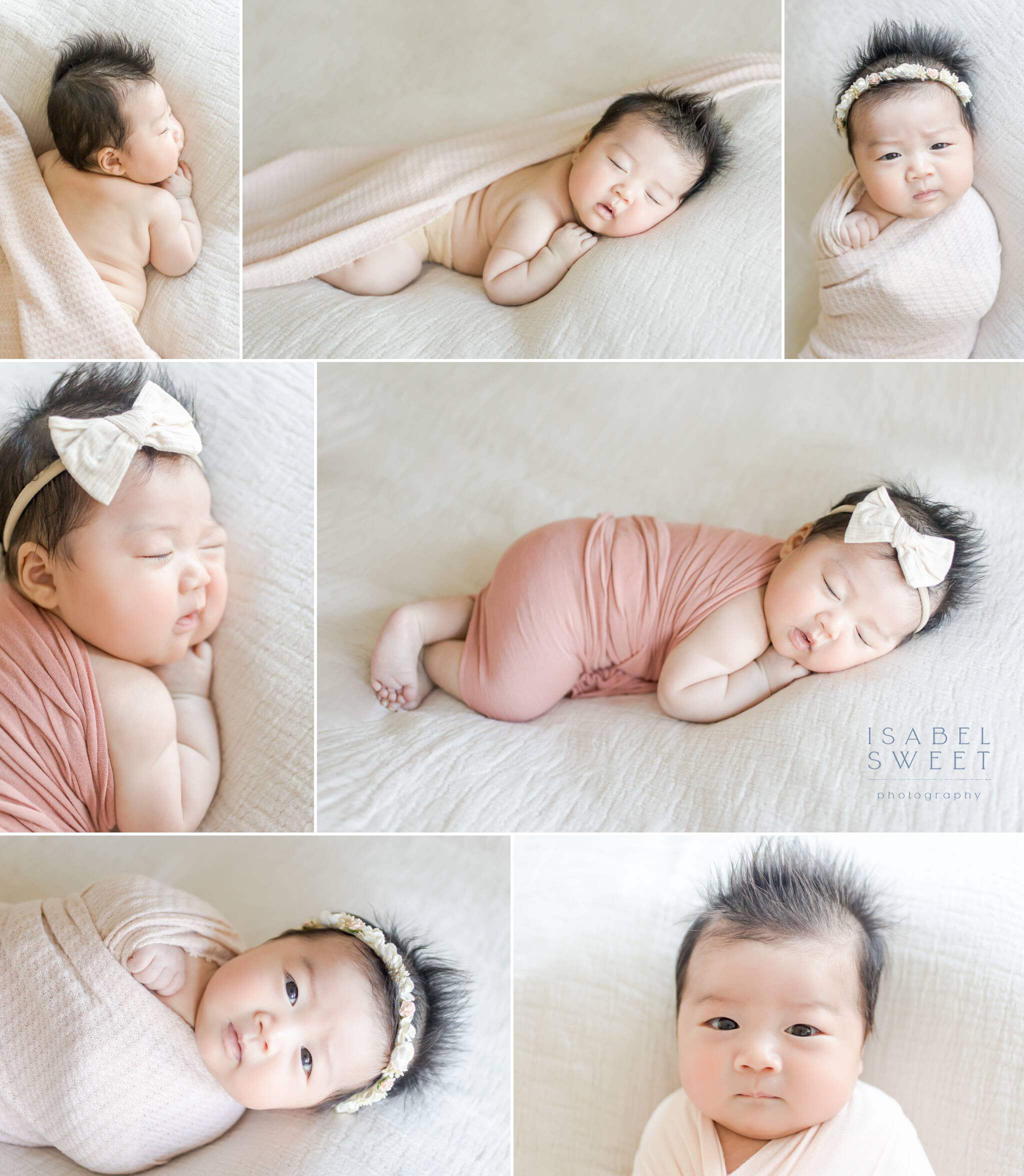 Cute asian newborn baby with a cream headband.