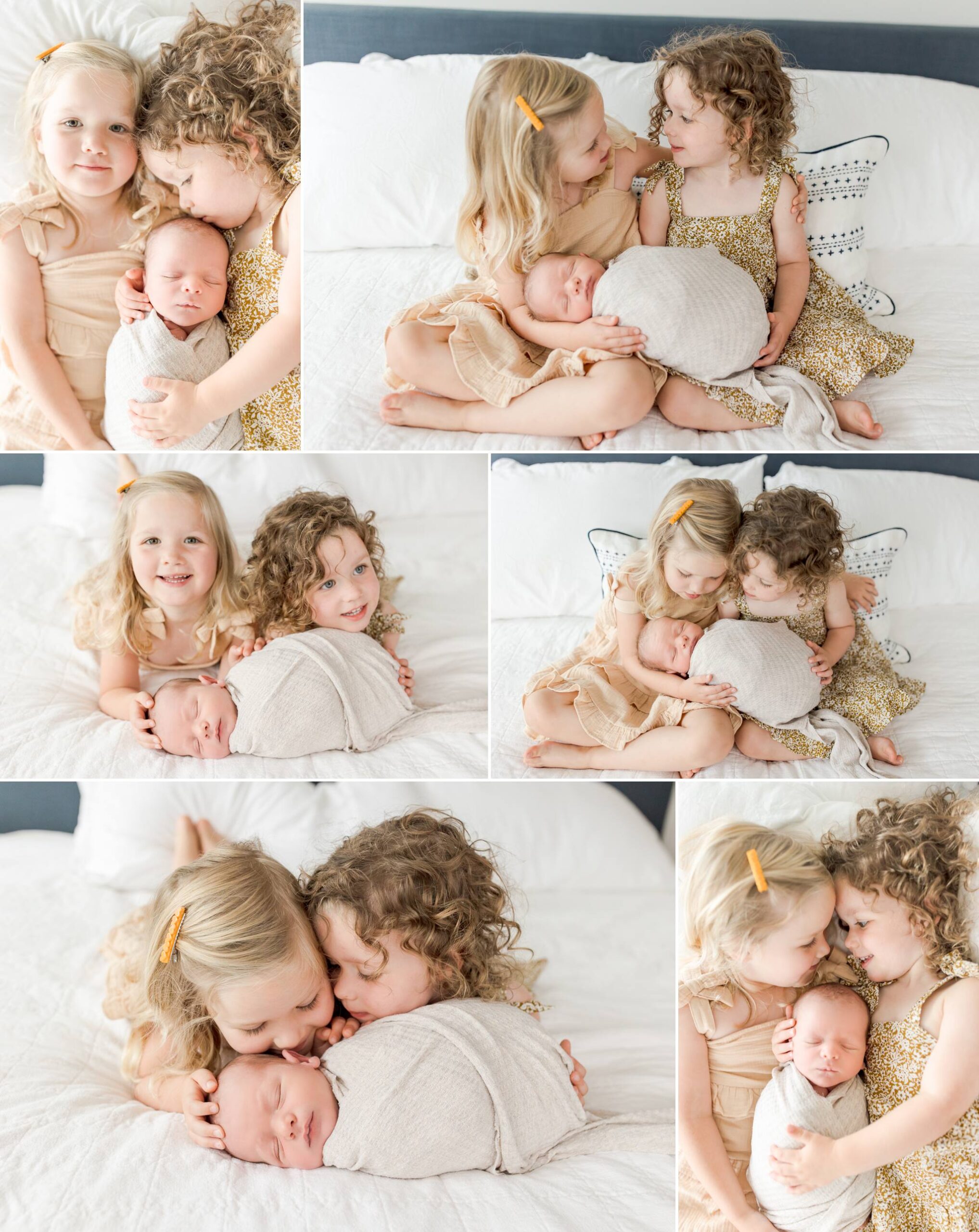 Two sisters holding and kissing their newborn baby brother.