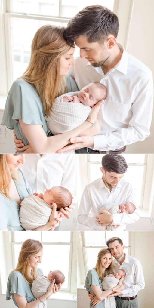 Light and airy photos of parents holding their newborn baby.
