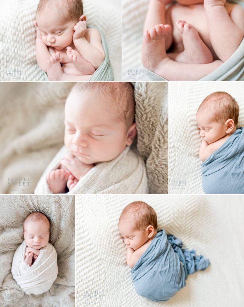 Little newborn baby boy wrapped and posed in different poses and close ups of their feet.